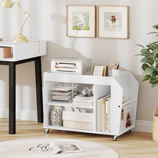 3-Tier Side End Table with Universal Wheels for Study Living Room-White
