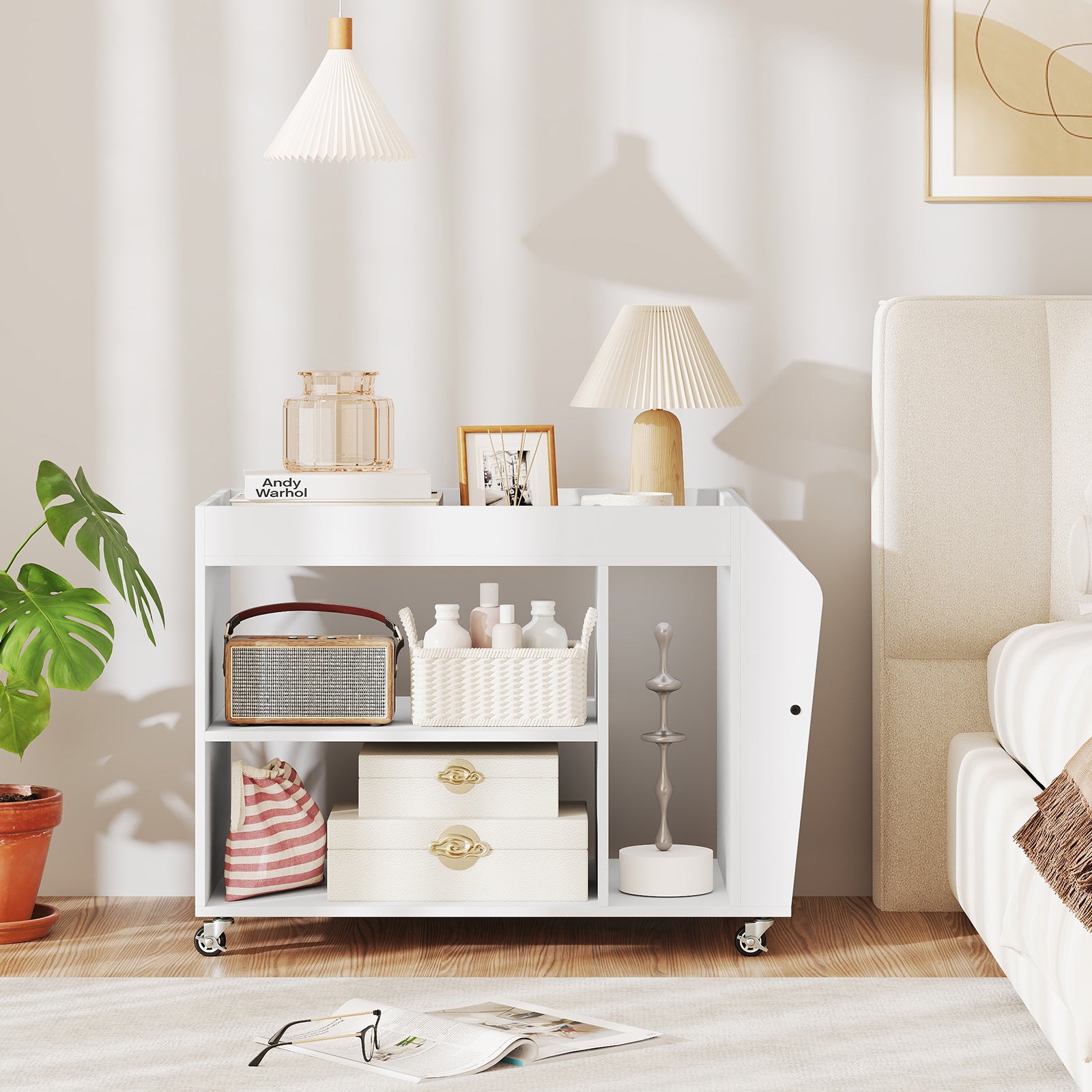 3-Tier Side End Table with Universal Wheels for Study Living Room-White