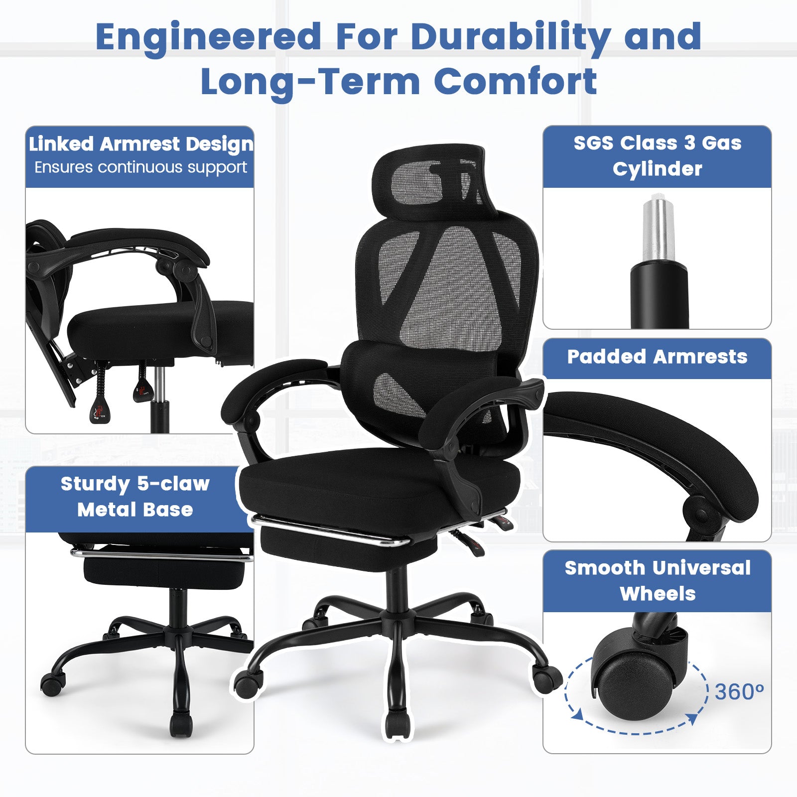 Ergonomic Office Chair High Back Mesh Desk Chair with Retractable Footrest-Black