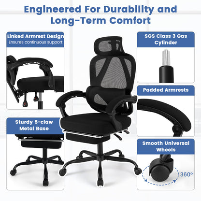 Ergonomic Office Chair High Back Mesh Desk Chair with Retractable Footrest-Black