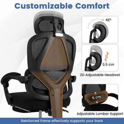 Ergonomic Office Chair High Back Mesh Desk Chair with Retractable Footrest-Black