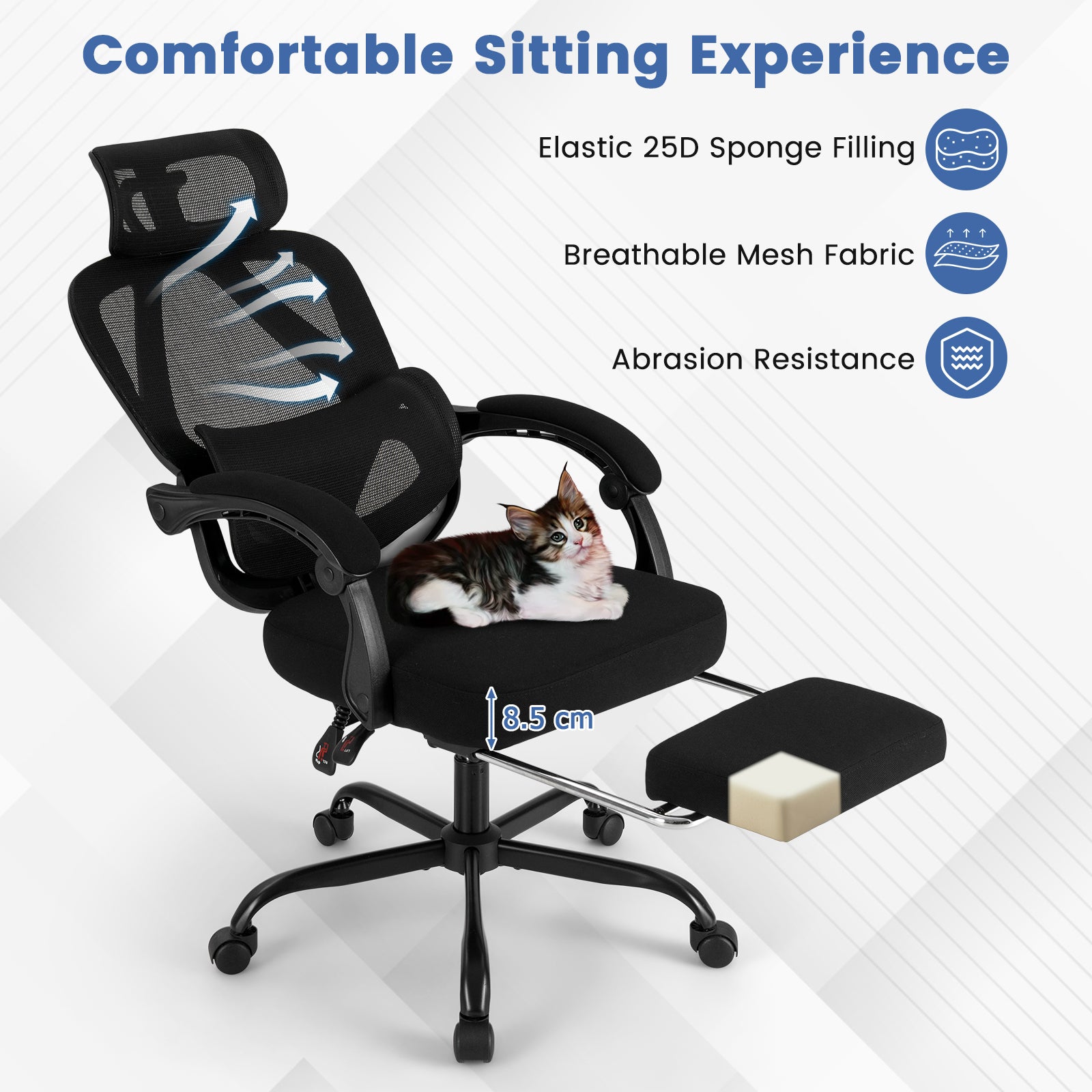 Ergonomic Office Chair High Back Mesh Desk Chair with Retractable Footrest-Black