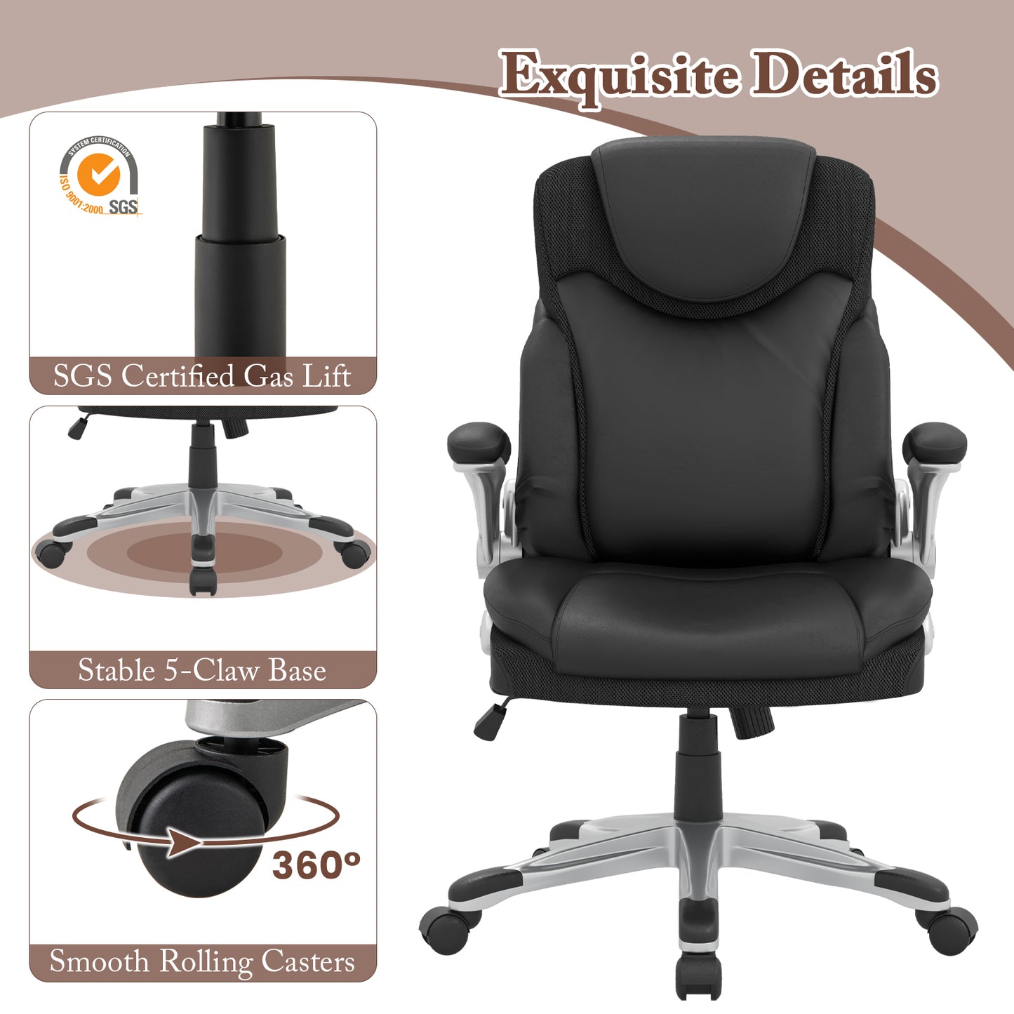 Ergonomic Office Leather Executive Chair with Rocking Function and Adjustable Height-Black