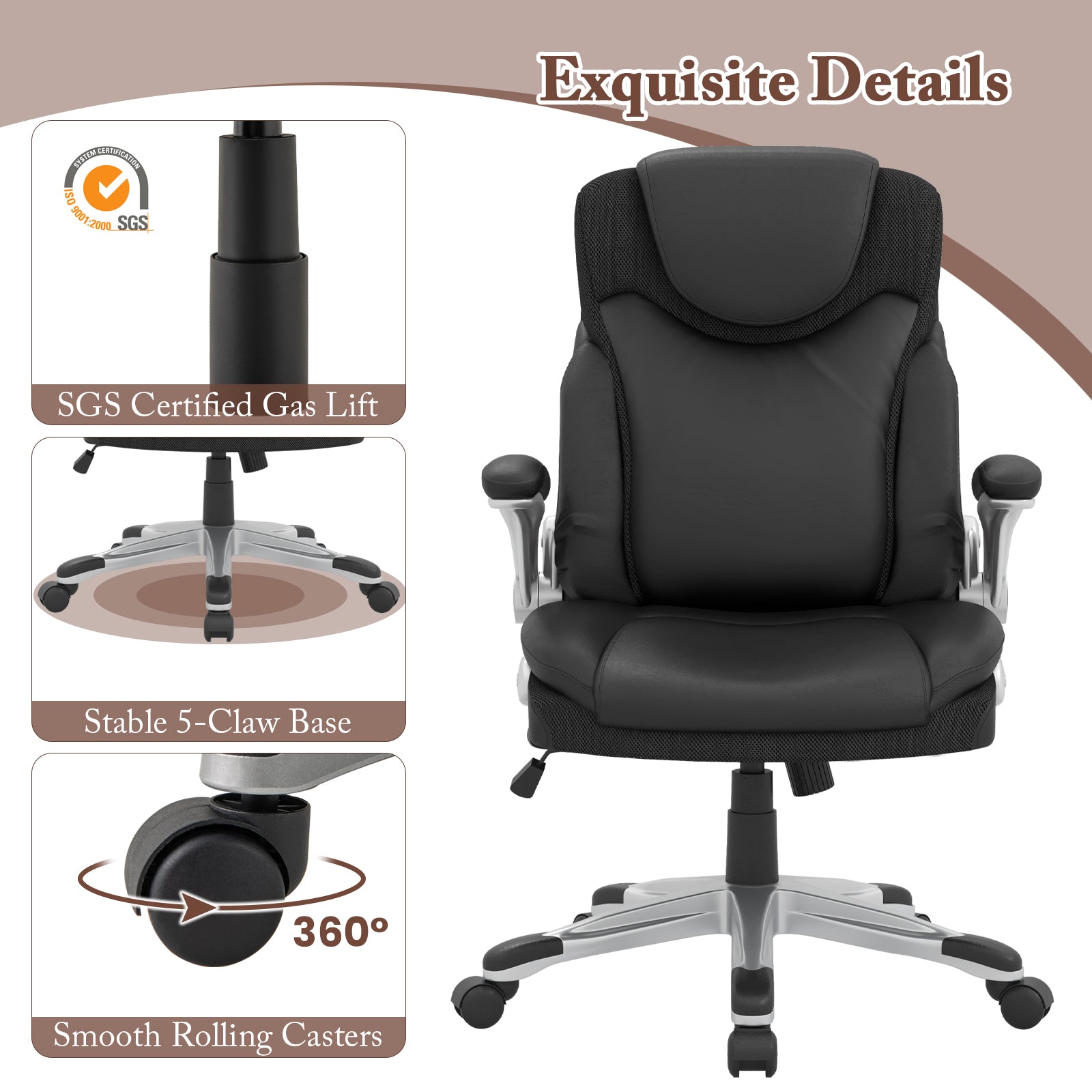 Ergonomic Office Leather Executive Chair with Rocking Function and Adjustable Height-Black
