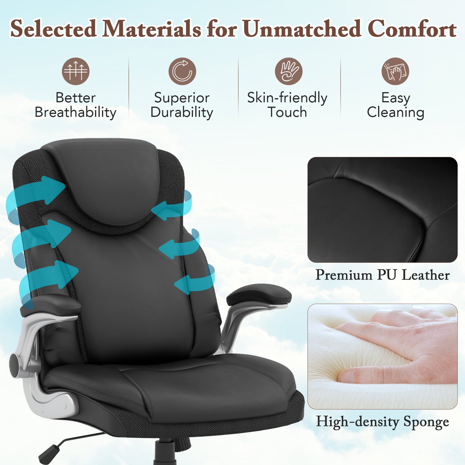 Ergonomic Office Leather Executive Chair with Rocking Function and Adjustable Height-Black