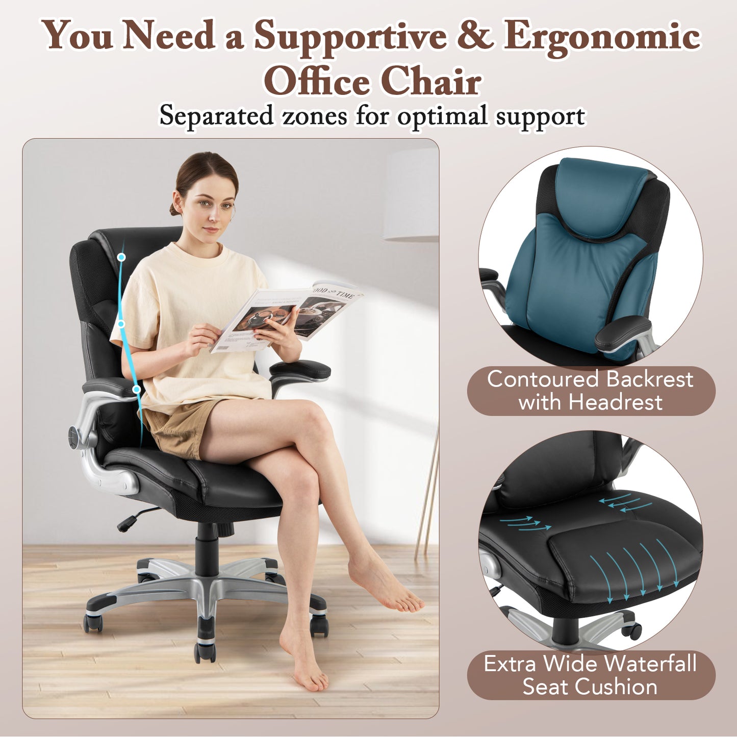 Ergonomic Office Leather Executive Chair with Rocking Function and Adjustable Height-Black