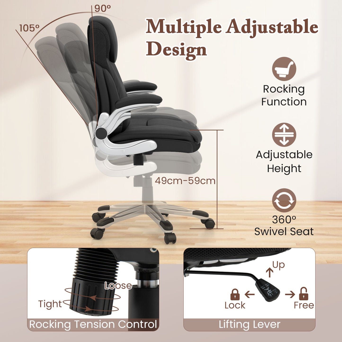 Ergonomic Office Leather Executive Chair with Rocking Function and Adjustable Height-Black