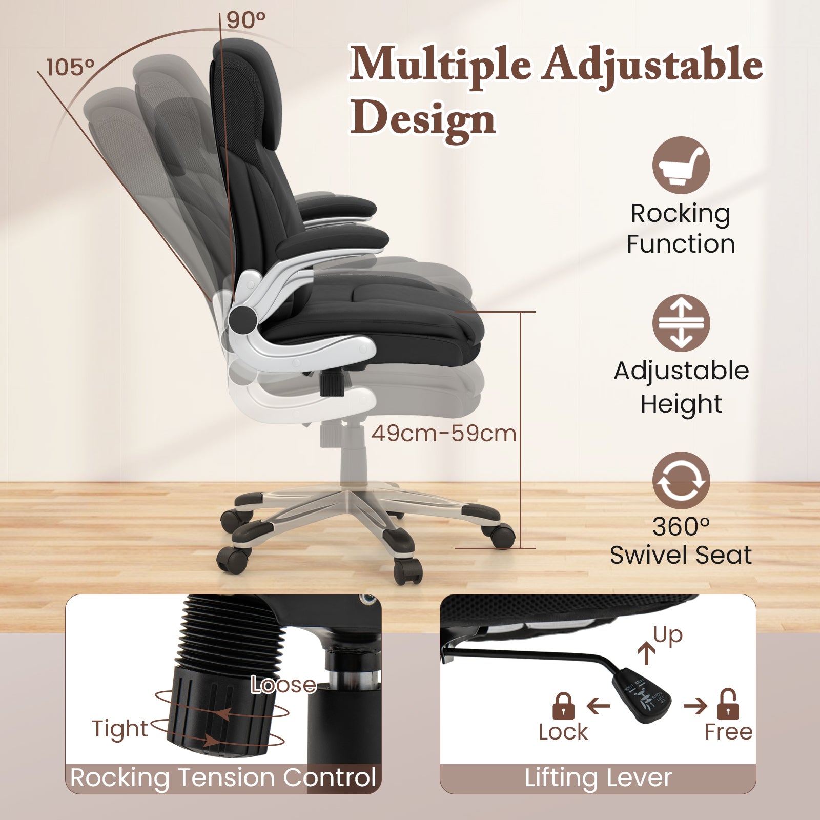 Ergonomic Office Leather Executive Chair with Rocking Function and Adjustable Height-Black