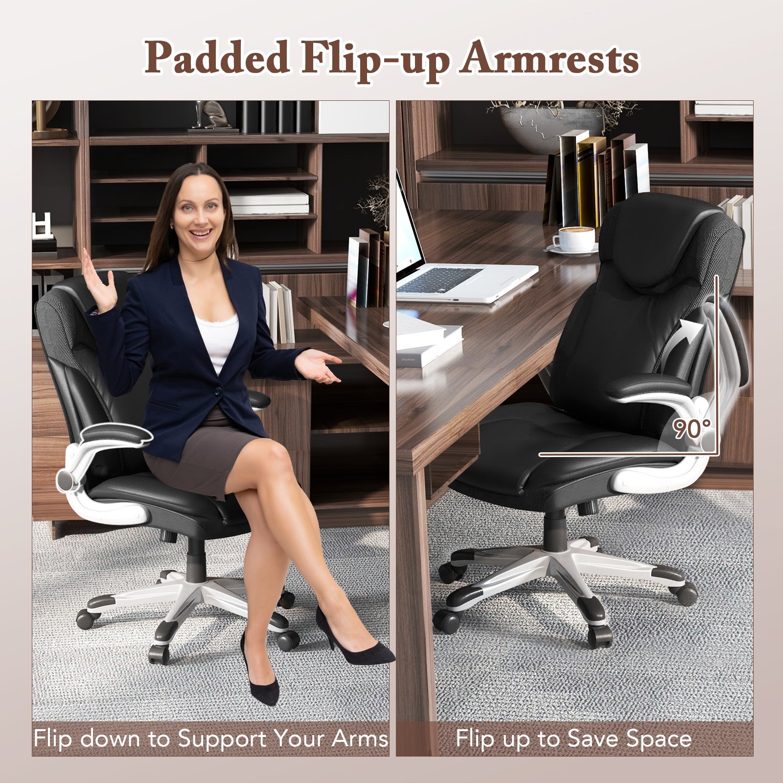 Ergonomic Office Leather Executive Chair with Rocking Function and Adjustable Height-Black