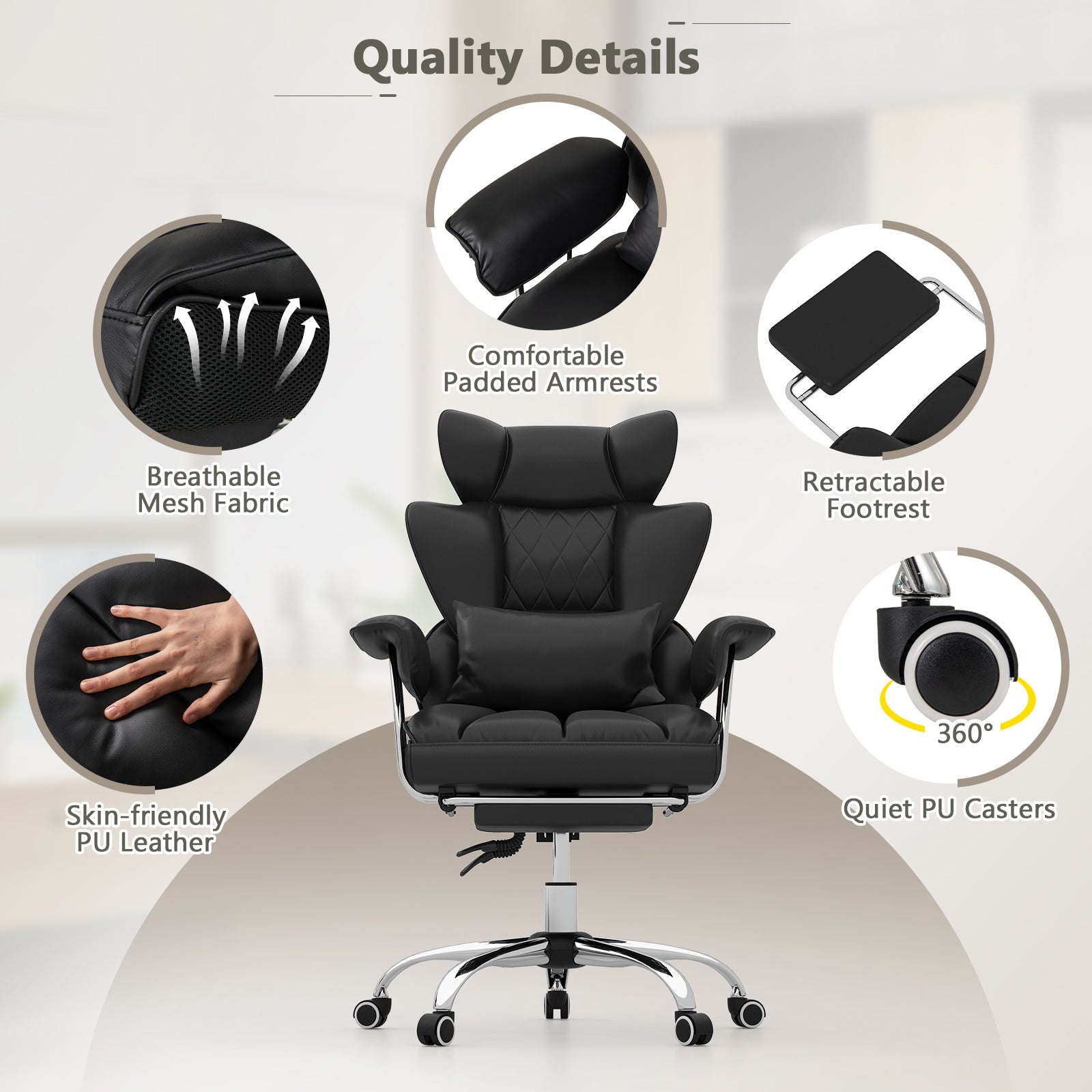 Executive Desk Chair with Retractable Footrest and Adjustable Height Reclining Function-Black