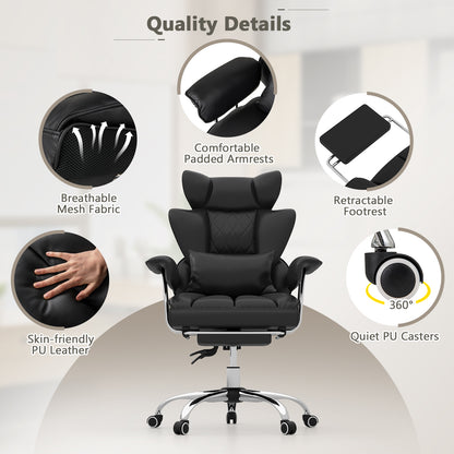 Executive Desk Chair with Retractable Footrest and Adjustable Height Reclining Function-Black