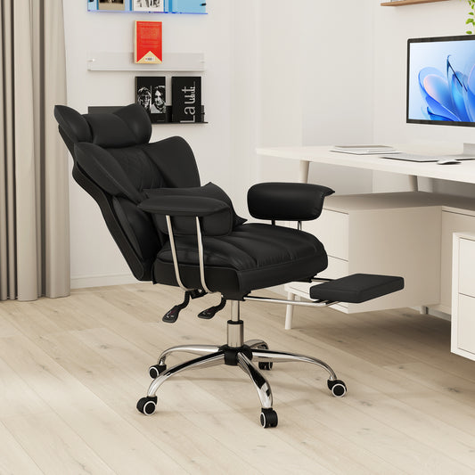 Executive Desk Chair with Retractable Footrest and Adjustable Height Reclining Function-Black