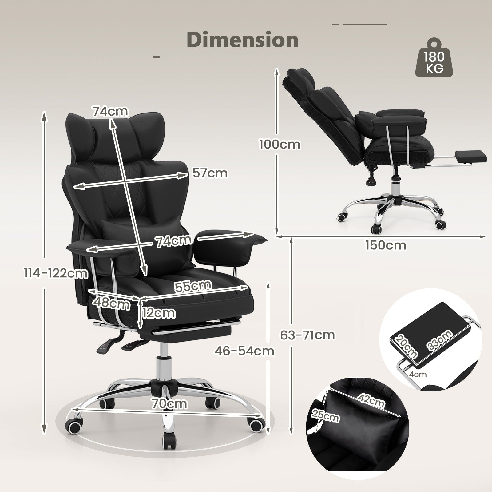 Executive Desk Chair with Retractable Footrest and Adjustable Height Reclining Function-Black