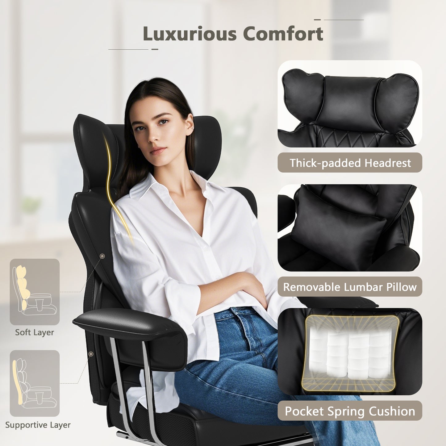 Executive Desk Chair with Retractable Footrest and Adjustable Height Reclining Function-Black