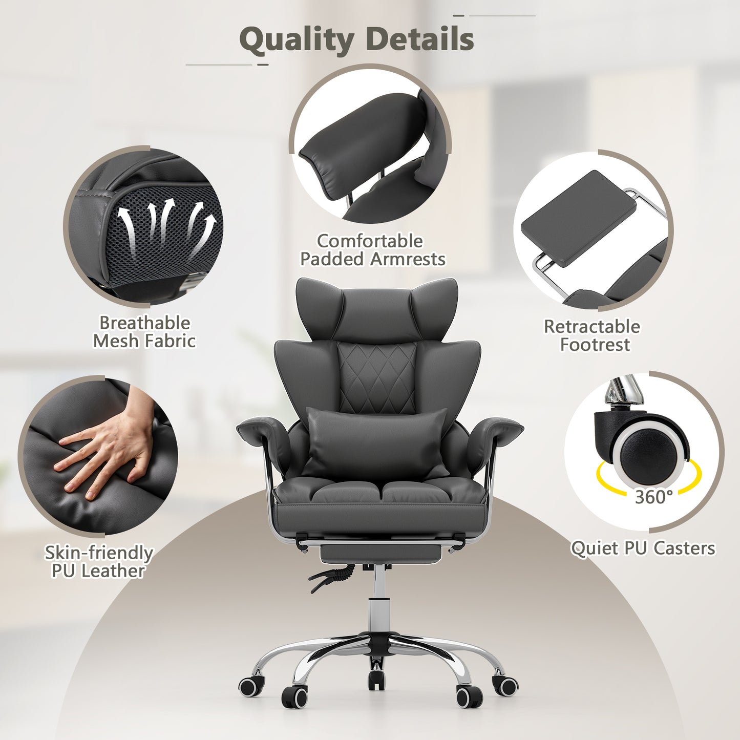 Executive Desk Chair with Retractable Footrest and Adjustable Height Reclining Function-Grey