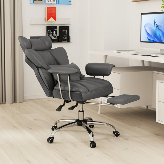 Executive Desk Chair with Retractable Footrest and Adjustable Height Reclining Function-Grey