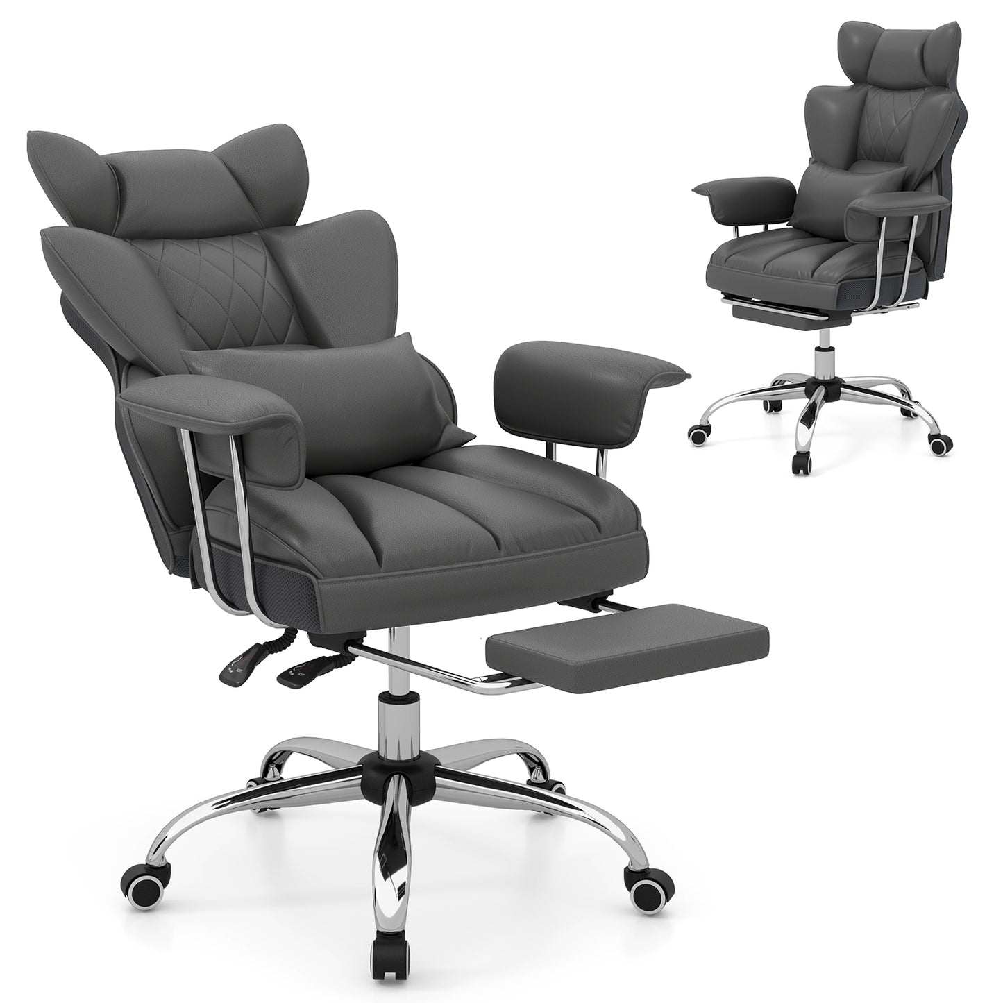 Executive Desk Chair with Retractable Footrest and Adjustable Height Reclining Function-Grey