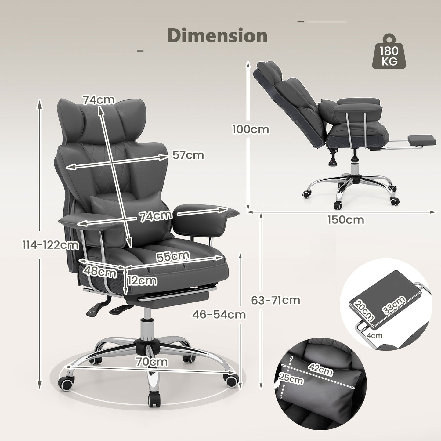 Executive Desk Chair with Retractable Footrest and Adjustable Height Reclining Function-Grey