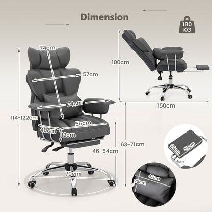 Executive Desk Chair with Retractable Footrest and Adjustable Height Reclining Function-Grey