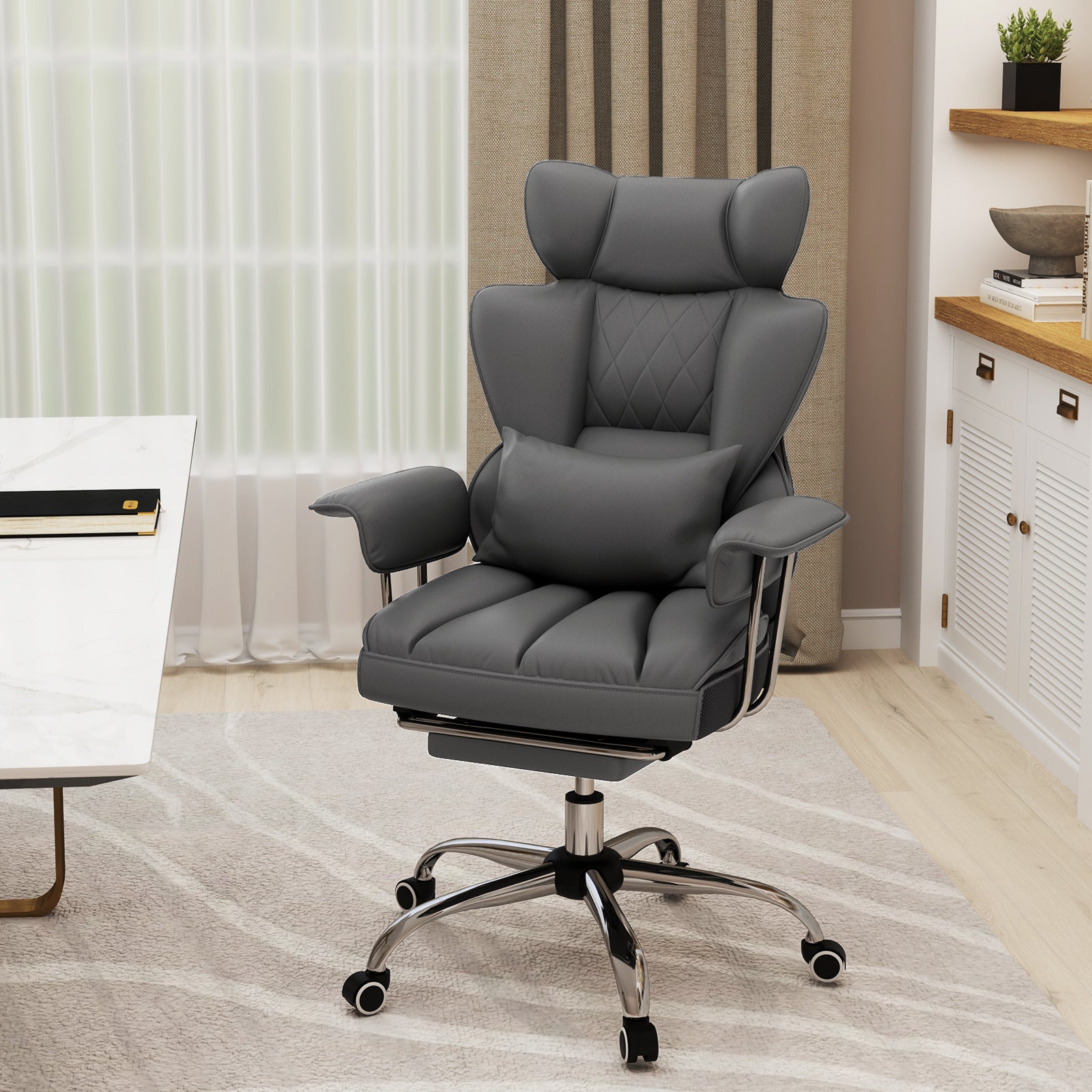Executive Desk Chair with Retractable Footrest and Adjustable Height Reclining Function-Grey