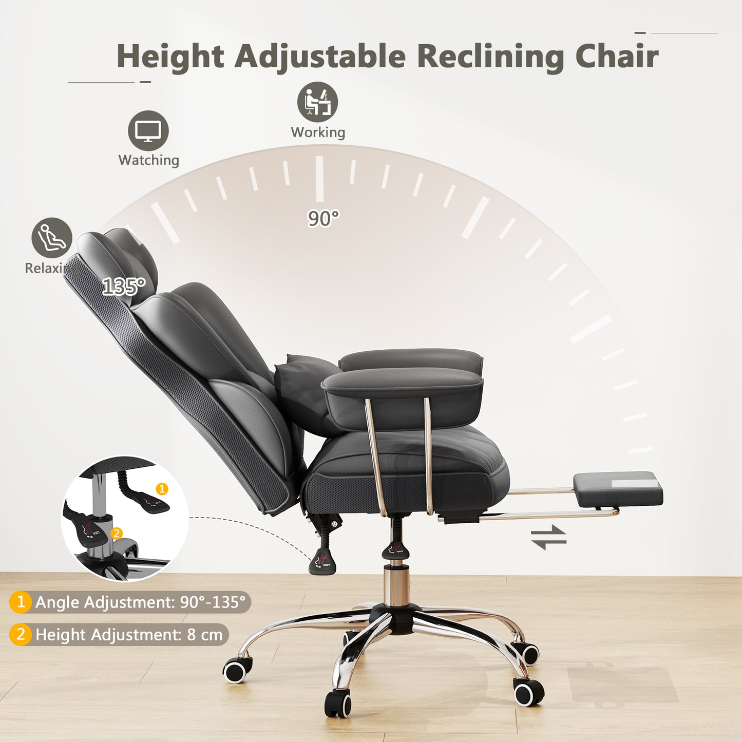 Executive Desk Chair with Retractable Footrest and Adjustable Height Reclining Function-Grey