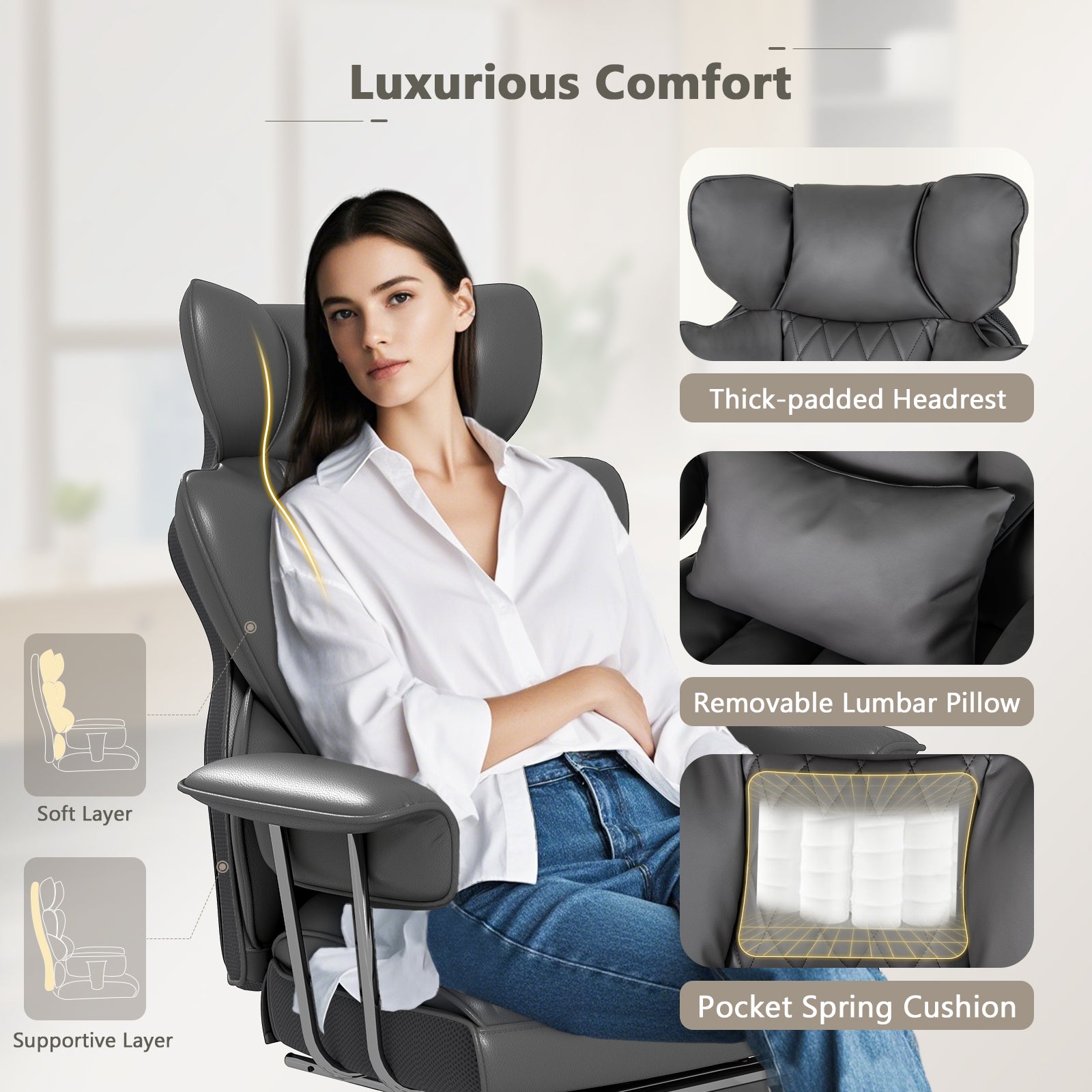 Executive Desk Chair with Retractable Footrest and Adjustable Height Reclining Function-Grey