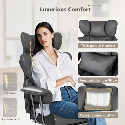 Executive Desk Chair with Retractable Footrest and Adjustable Height Reclining Function-Grey