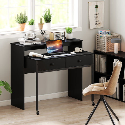 Extending Writing Desk Console Table with 2 Drawers Wood Study Workstation-Black