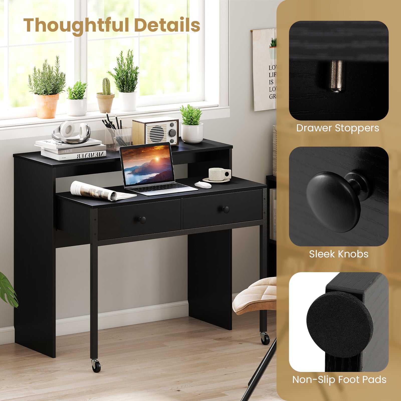 Extending Writing Desk Console Table with 2 Drawers Wood Study Workstation-Black