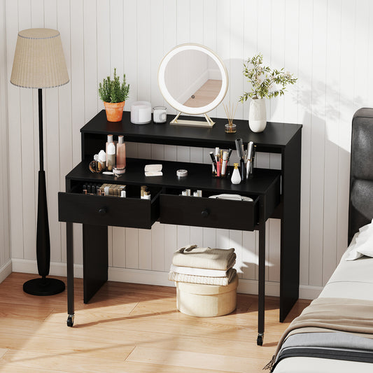 Extending Writing Desk Console Table with 2 Drawers Wood Study Workstation-Black
