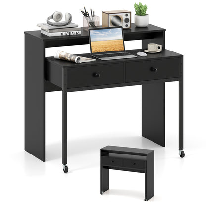 Extending Writing Desk Console Table with 2 Drawers Wood Study Workstation-Black