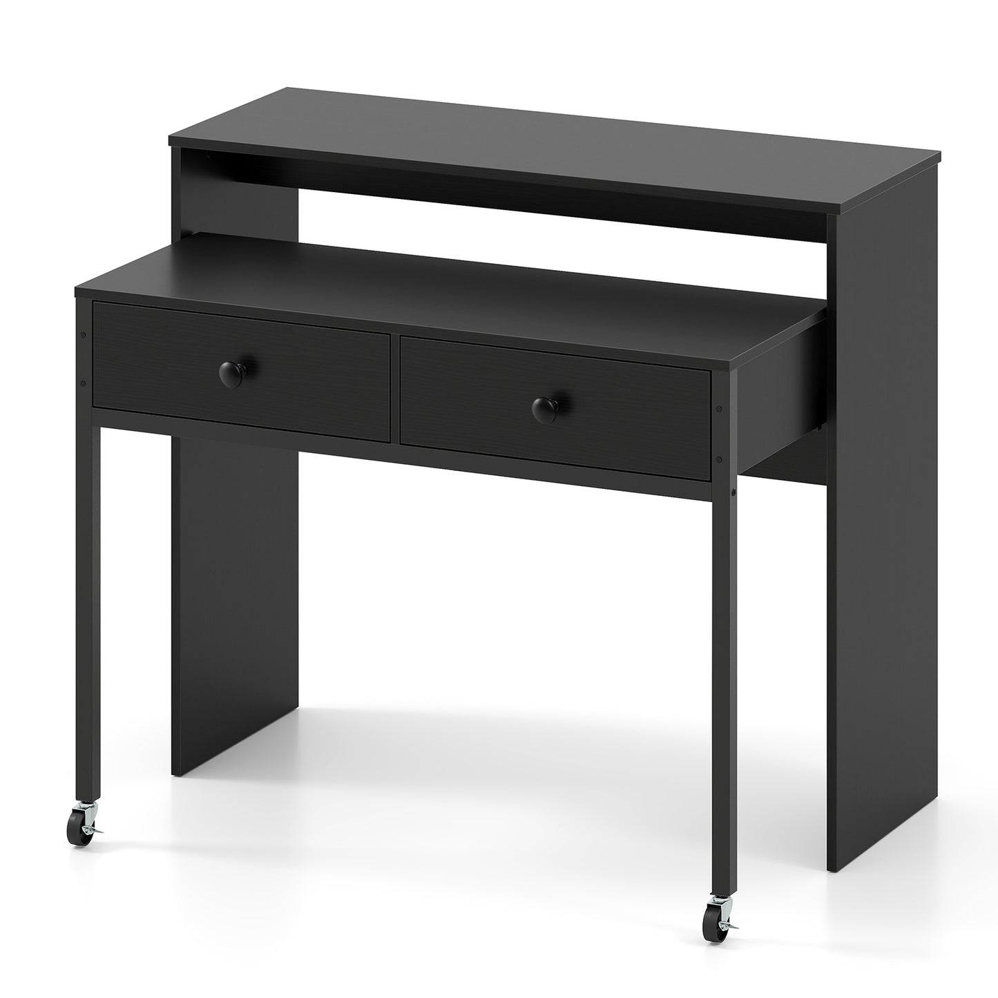 Extending Writing Desk Console Table with 2 Drawers Wood Study Workstation-Black
