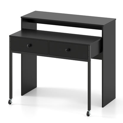 Extending Writing Desk Console Table with 2 Drawers Wood Study Workstation-Black