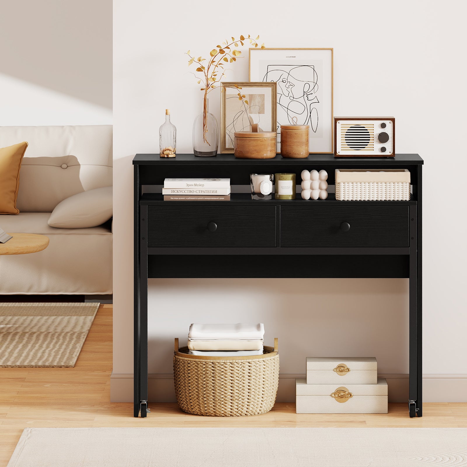 Extending Writing Desk Console Table with 2 Drawers Wood Study Workstation-Black