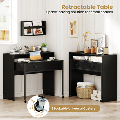 Extending Writing Desk Console Table with 2 Drawers Wood Study Workstation-Black