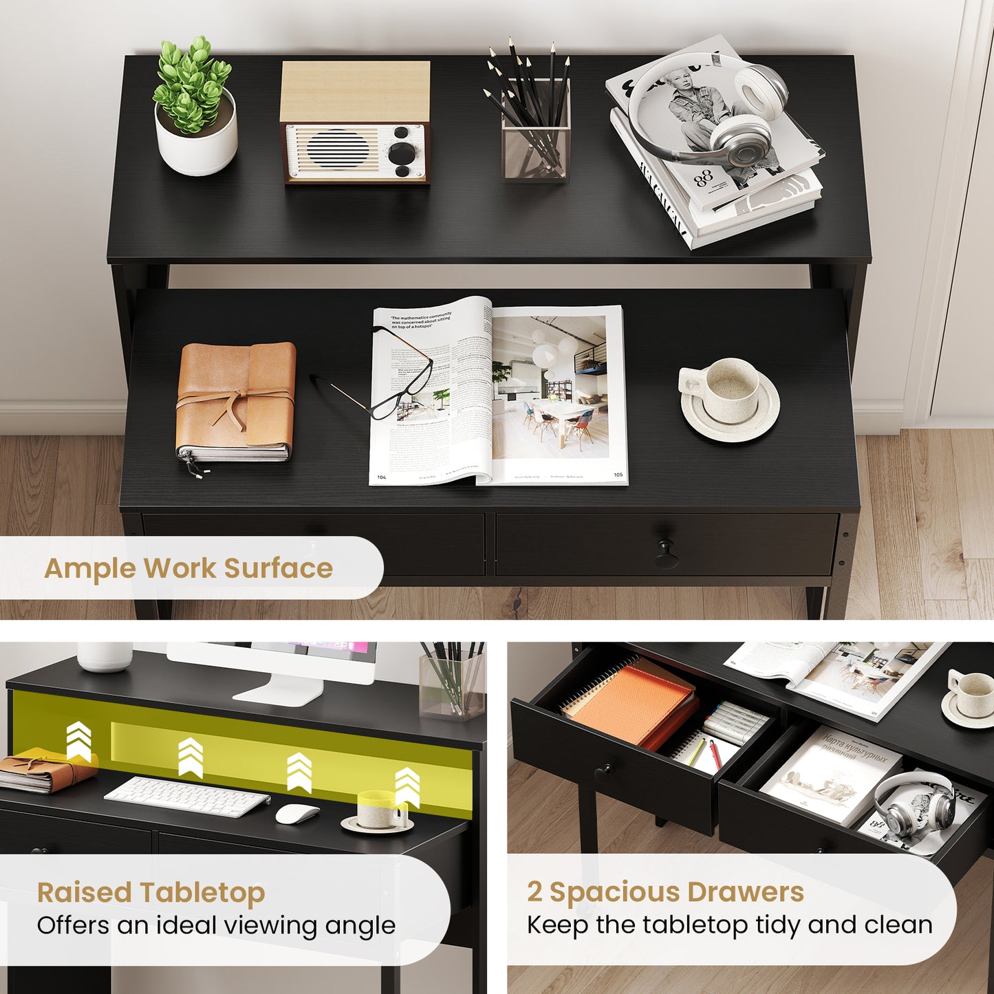 Extending Writing Desk Console Table with 2 Drawers Wood Study Workstation-Black