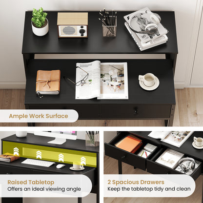 Extending Writing Desk Console Table with 2 Drawers Wood Study Workstation-Black