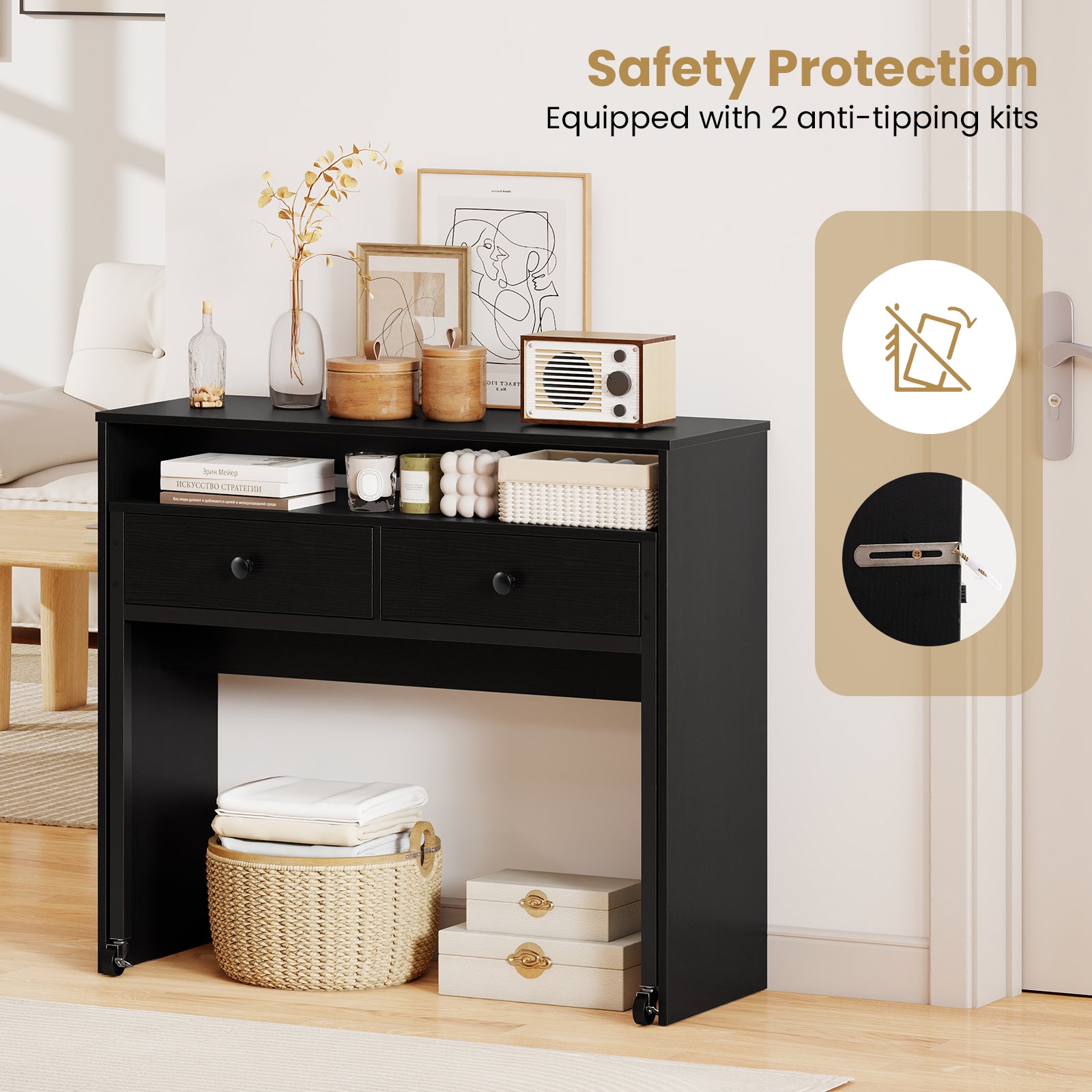 Extending Writing Desk Console Table with 2 Drawers Wood Study Workstation-Black