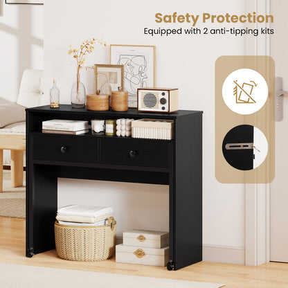 Extending Writing Desk Console Table with 2 Drawers Wood Study Workstation-Black