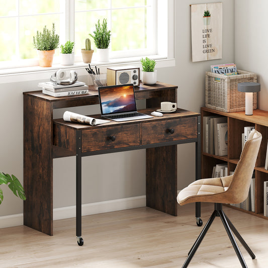 Extending Writing Desk Console Table with 2 Drawers Wood Study Workstation-Rustic Brown