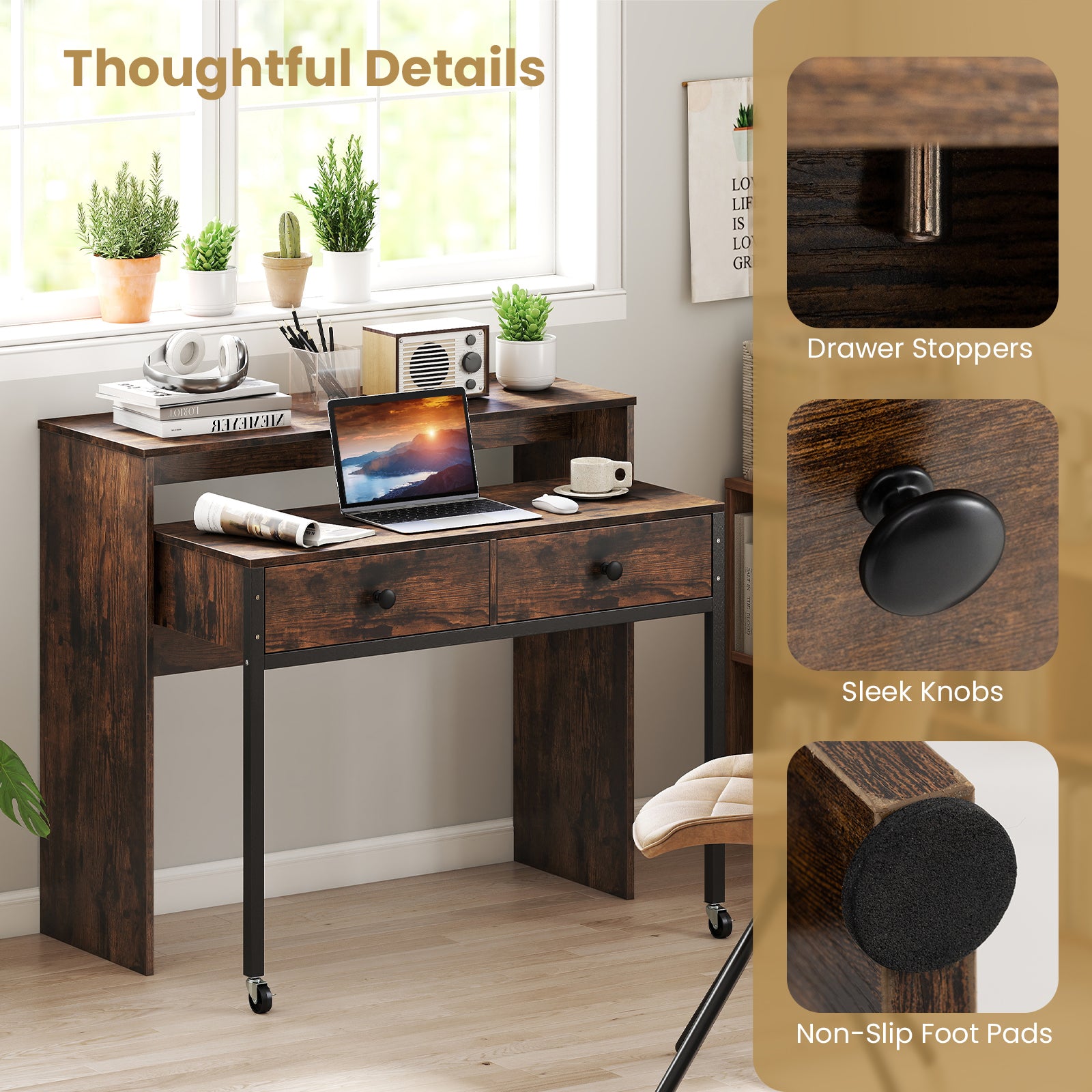 Extending Writing Desk Console Table with 2 Drawers Wood Study Workstation-Rustic Brown
