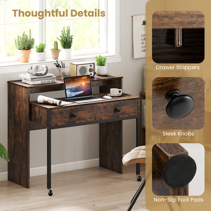 Extending Writing Desk Console Table with 2 Drawers Wood Study Workstation-Rustic Brown