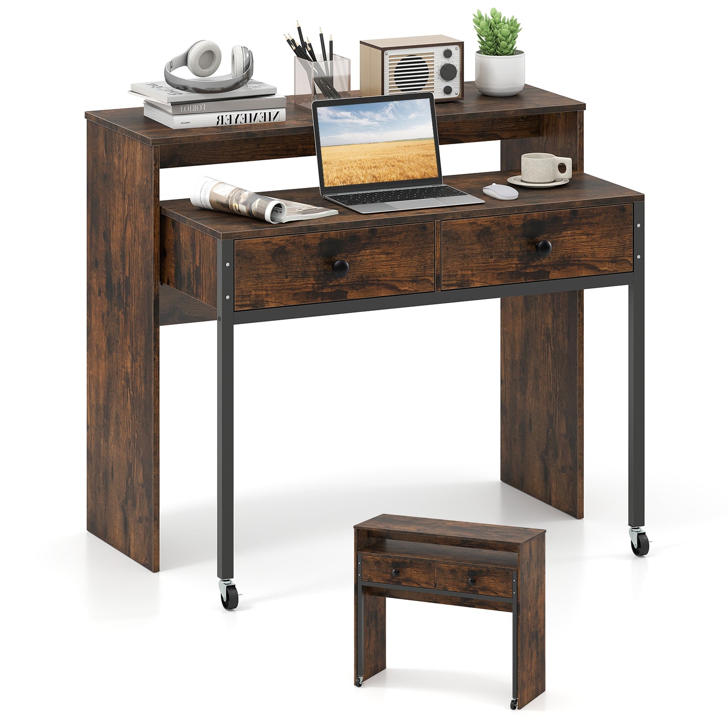 Extending Writing Desk Console Table with 2 Drawers Wood Study Workstation-Rustic Brown