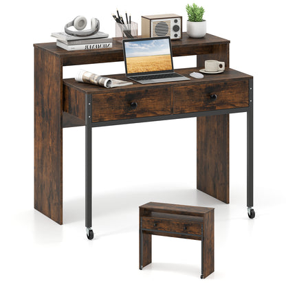 Extending Writing Desk Console Table with 2 Drawers Wood Study Workstation-Rustic Brown