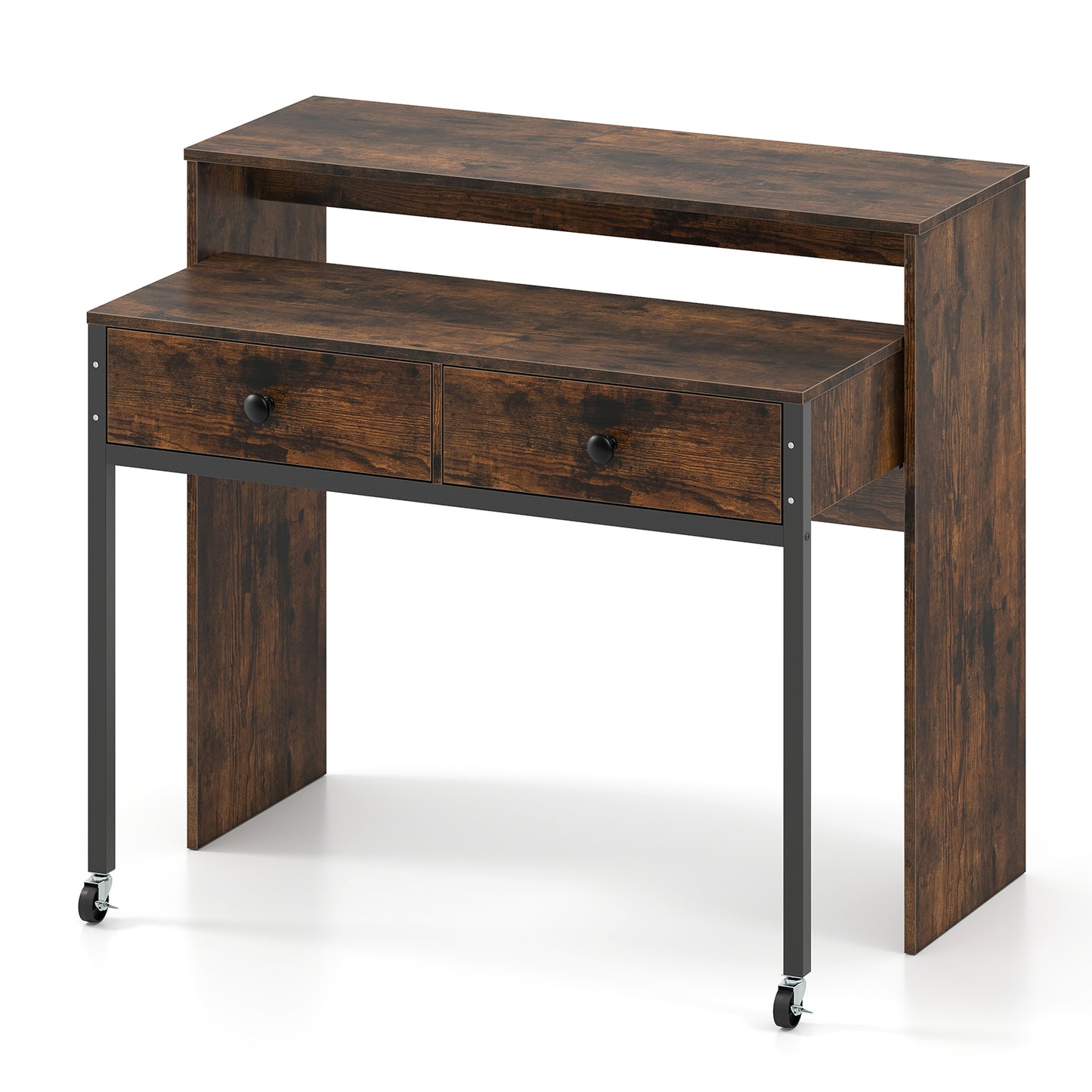 Extending Writing Desk Console Table with 2 Drawers Wood Study Workstation-Rustic Brown