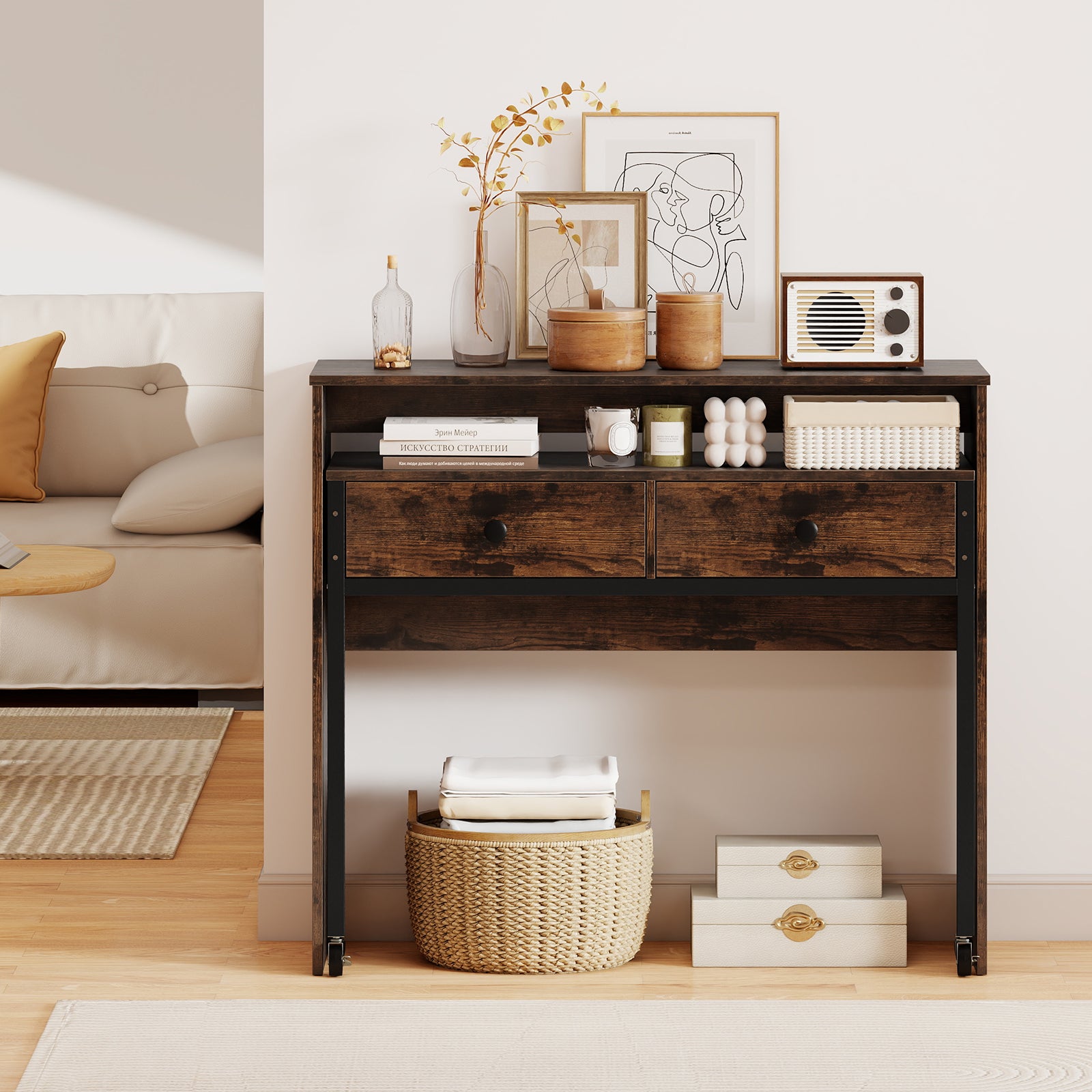 Extending Writing Desk Console Table with 2 Drawers Wood Study Workstation-Rustic Brown