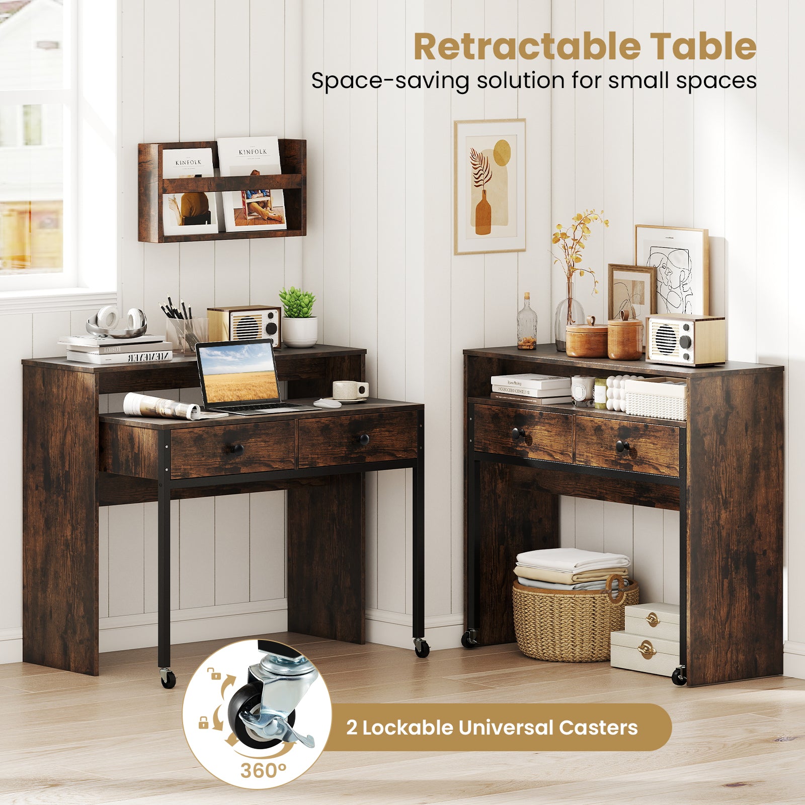 Extending Writing Desk Console Table with 2 Drawers Wood Study Workstation-Rustic Brown