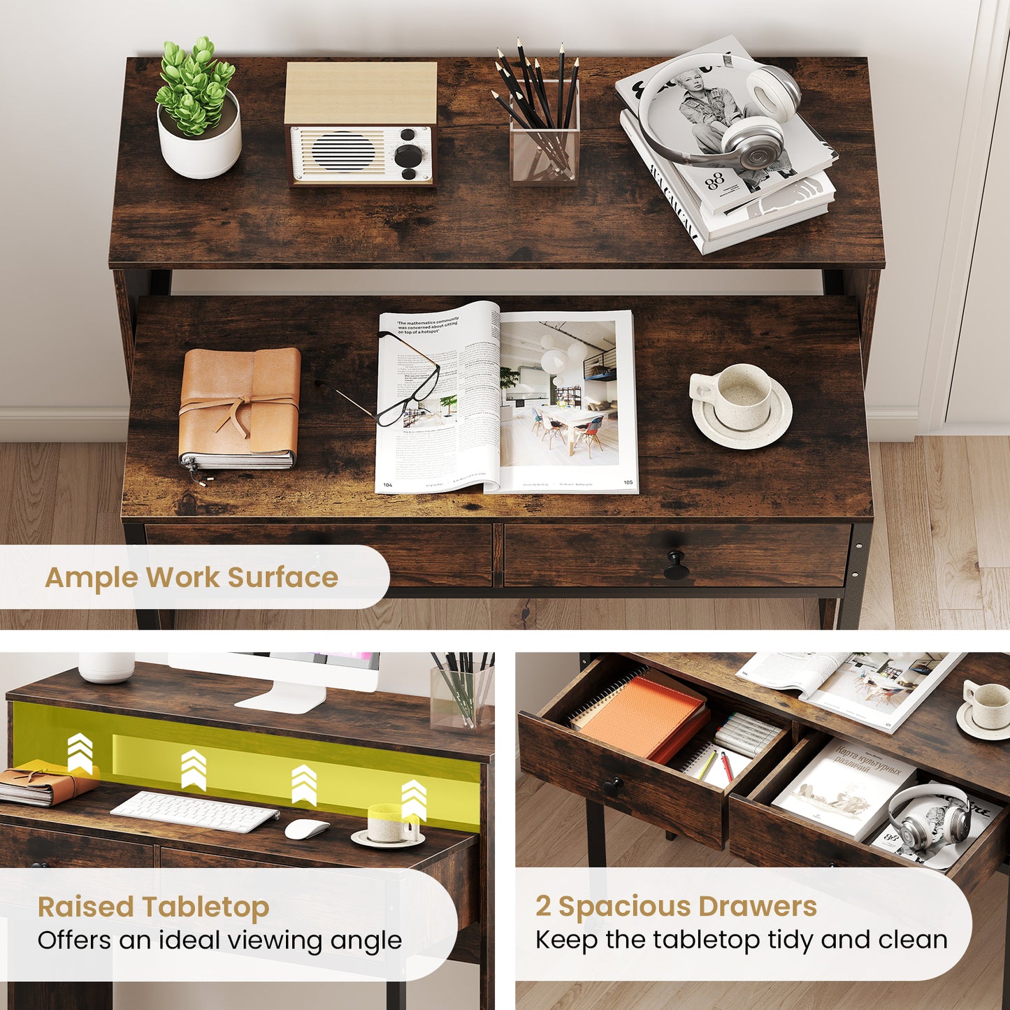 Extending Writing Desk Console Table with 2 Drawers Wood Study Workstation-Rustic Brown