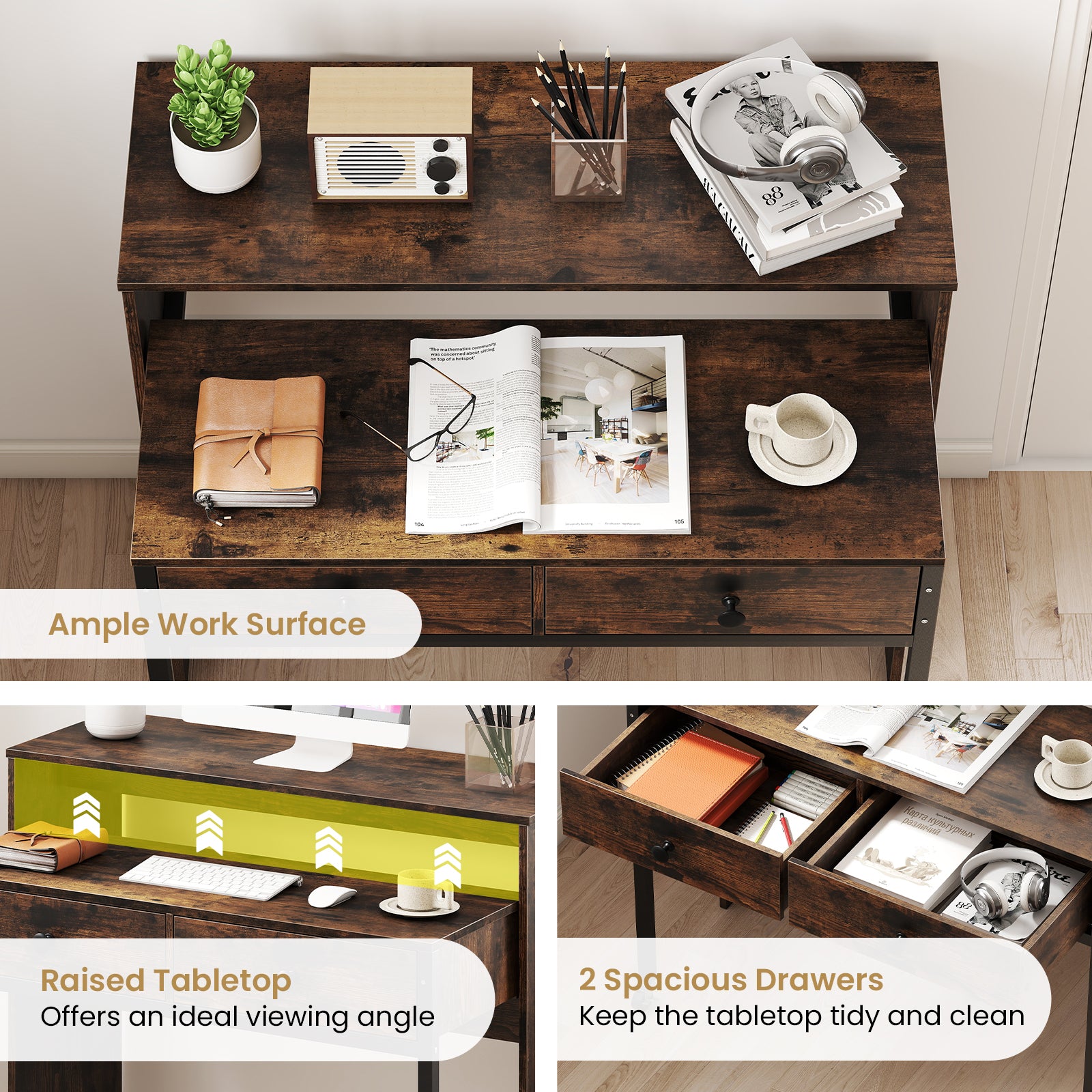 Extending Writing Desk Console Table with 2 Drawers Wood Study Workstation-Rustic Brown