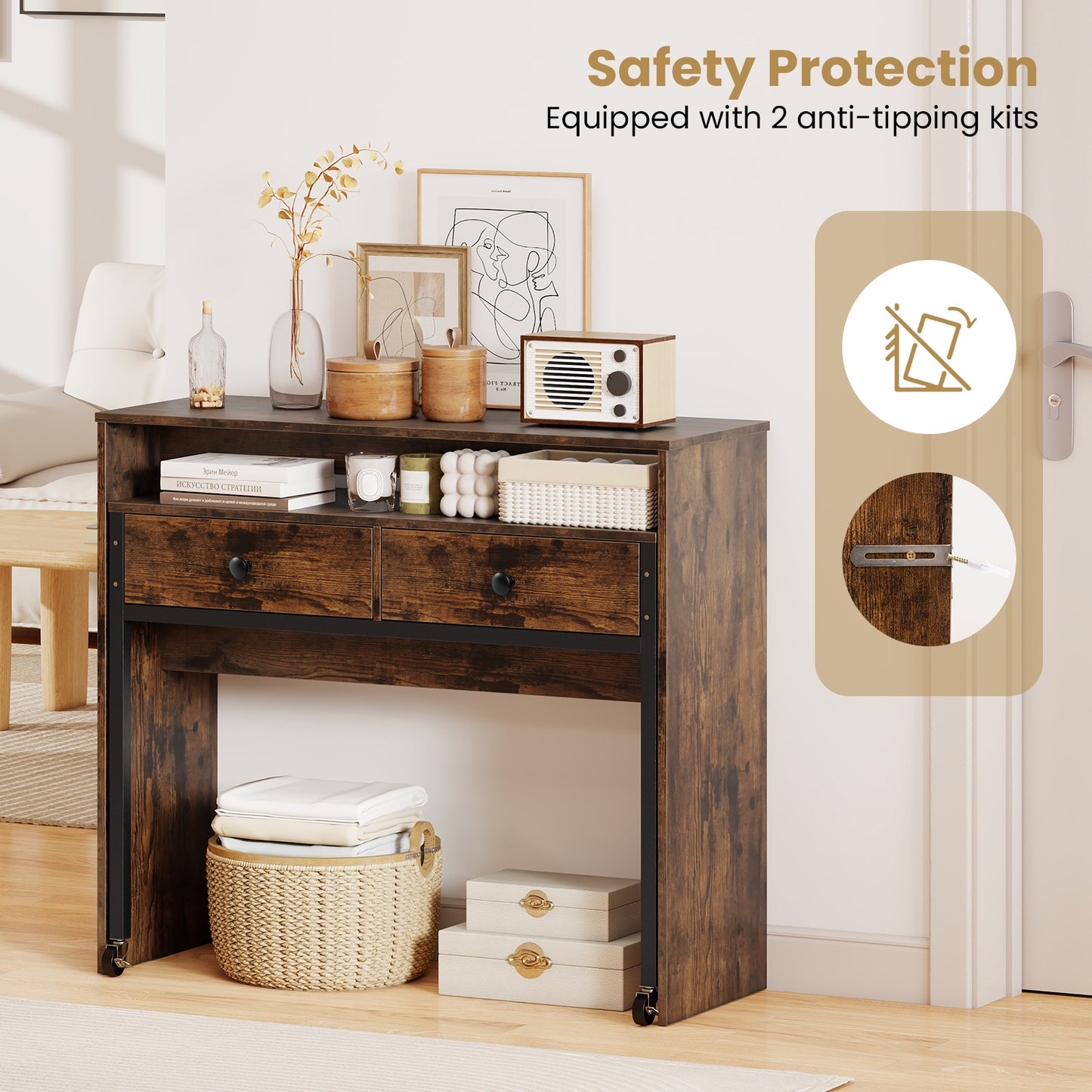 Extending Writing Desk Console Table with 2 Drawers Wood Study Workstation-Rustic Brown
